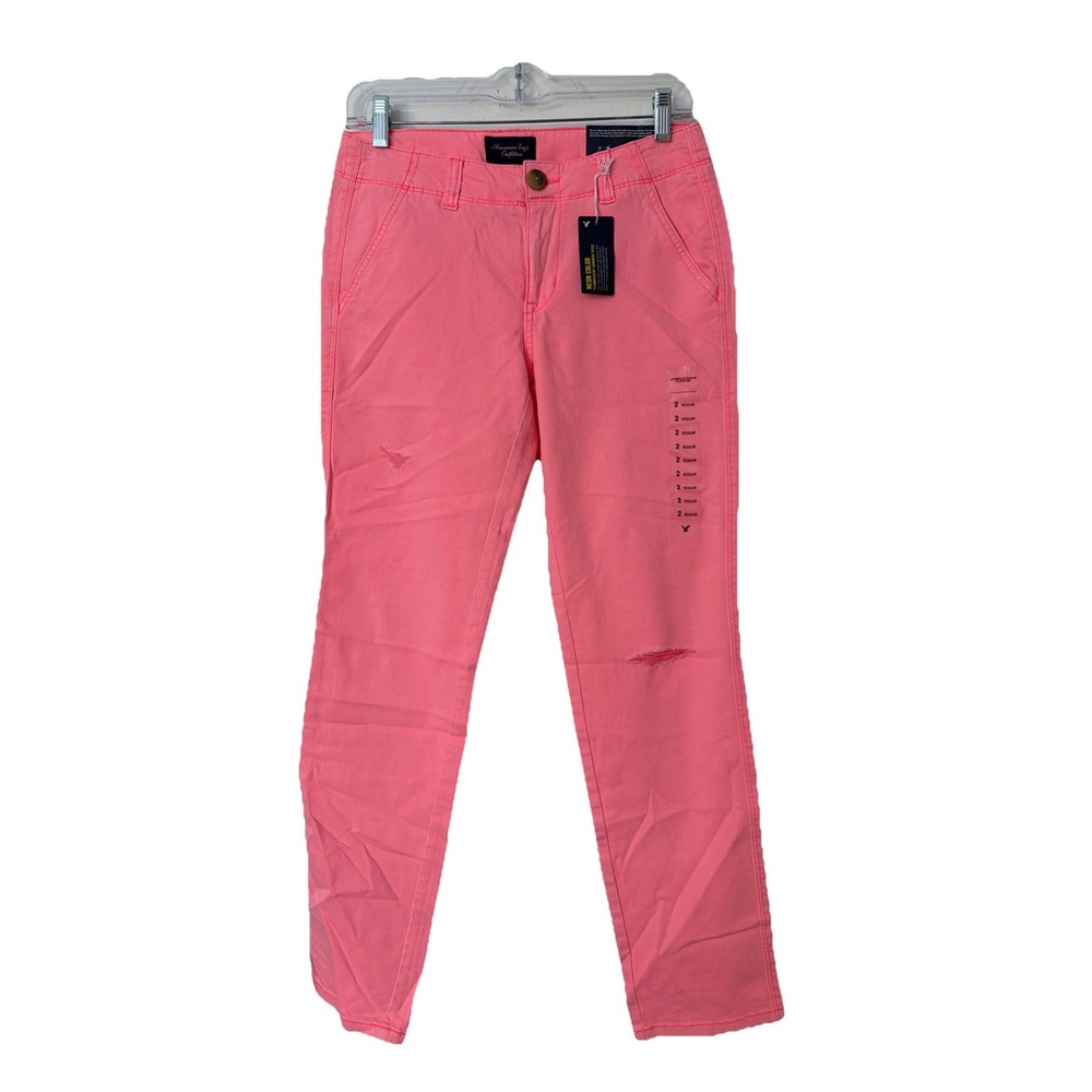 American Eagle Jeans Sz 2 Pink Stretch Pants  Mid Rise Skinny Chino Distressed
